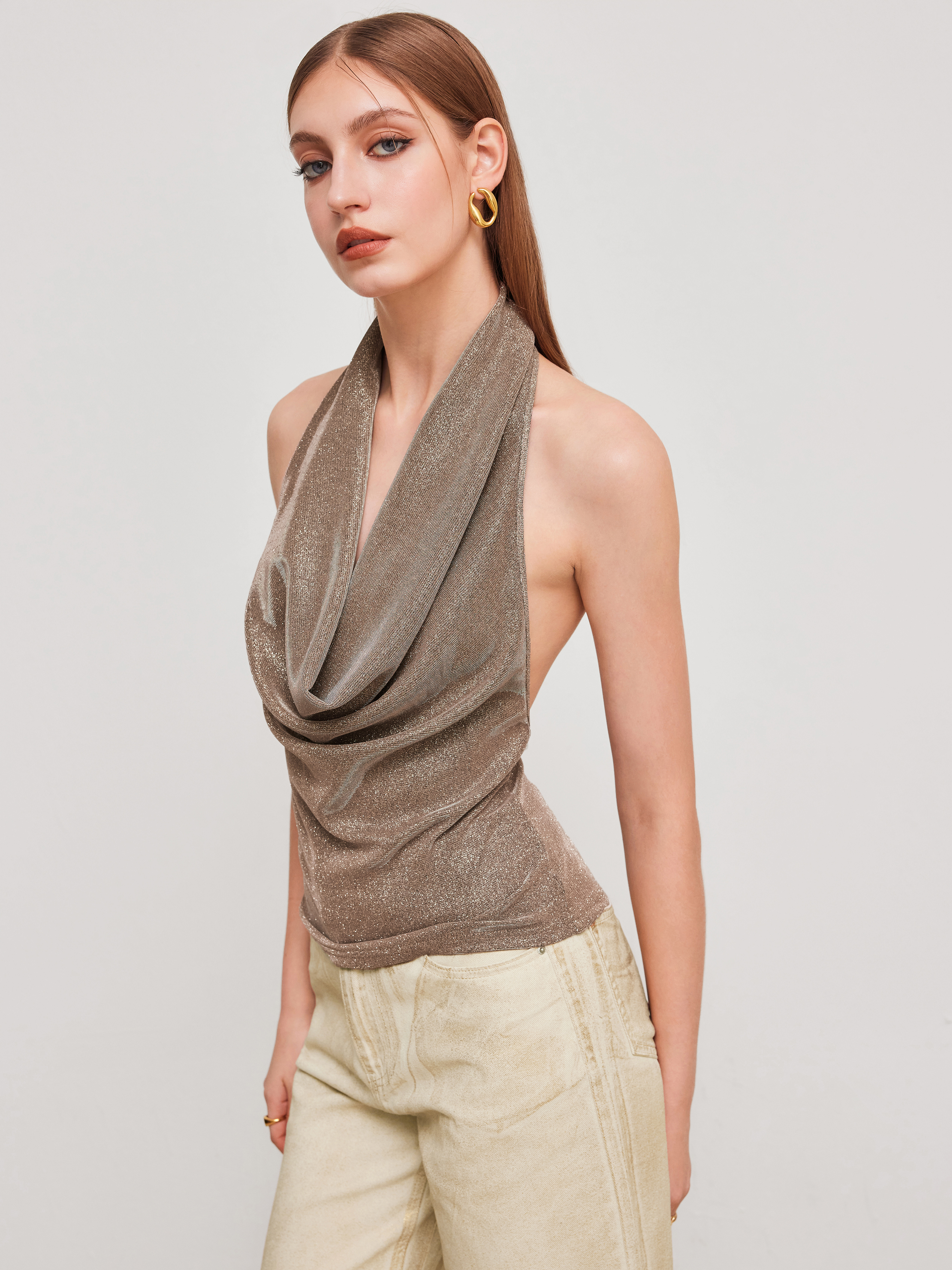 Metallic Metallic Halter Neckline Ruched Tank Top For Party