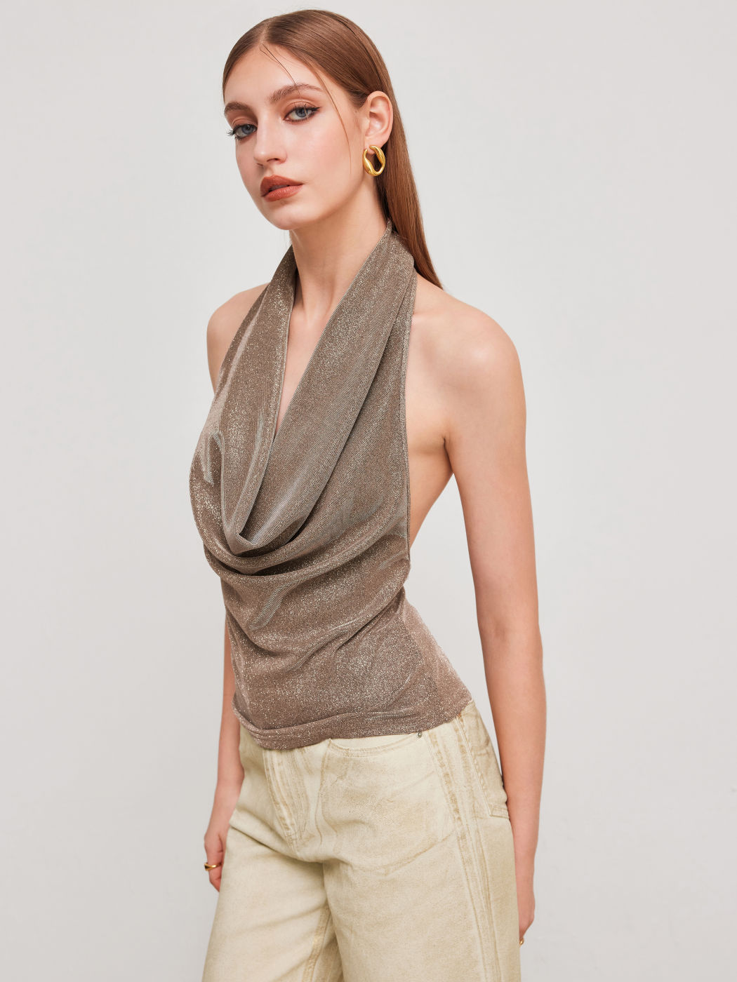 Metallic Halter Neckline Ruched Tank Top