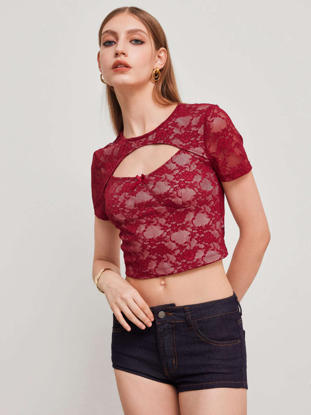 Tricot Round Neckline Lace Bowknot Cut Out Crop Short Sleeve Tee