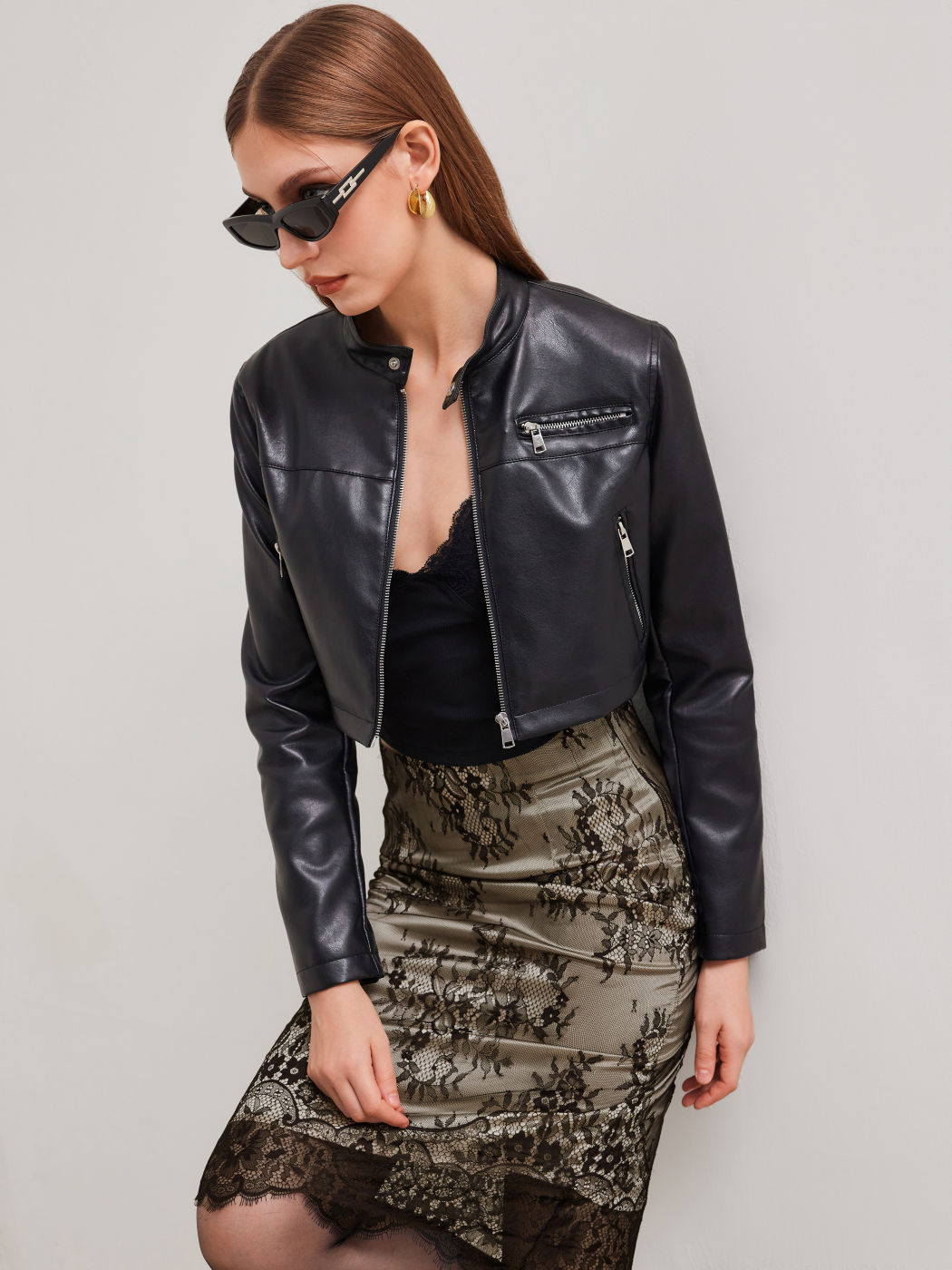 Faux-Leder Hoher Kragen Biker Jacke