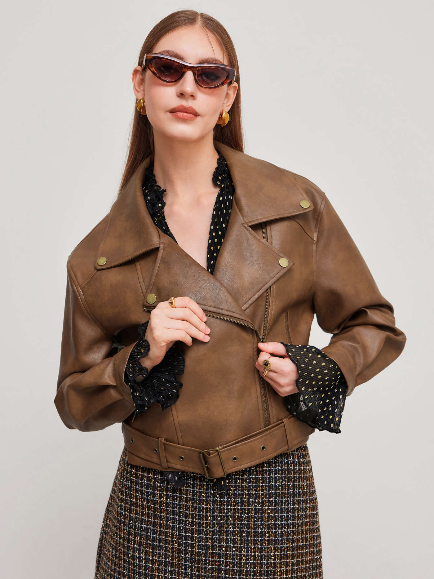 Faux Leather Collar Solid Pocket Zipper Belted Biker Jacket