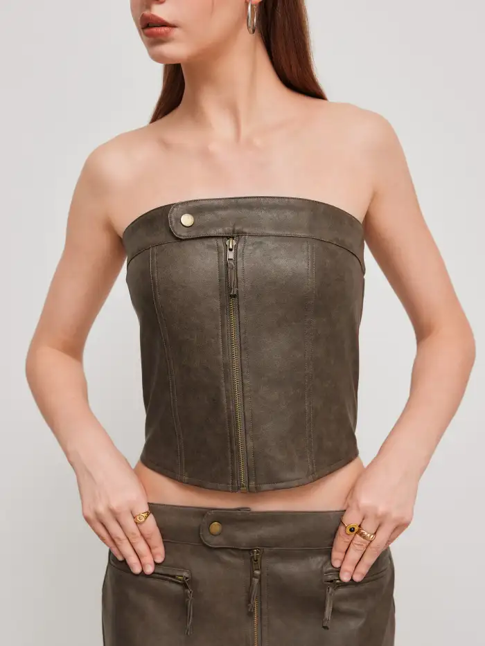 City Chic Faux Leather Faux Leather Lace Up Zipper Crop Tube Top