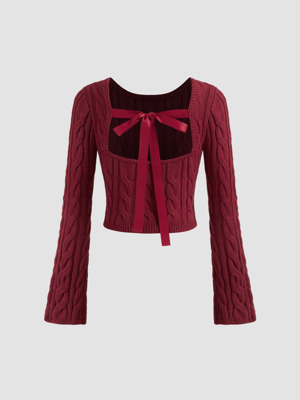 Cable Knit Round Neckline Solid Bowknot Long Sleeve Crop Top