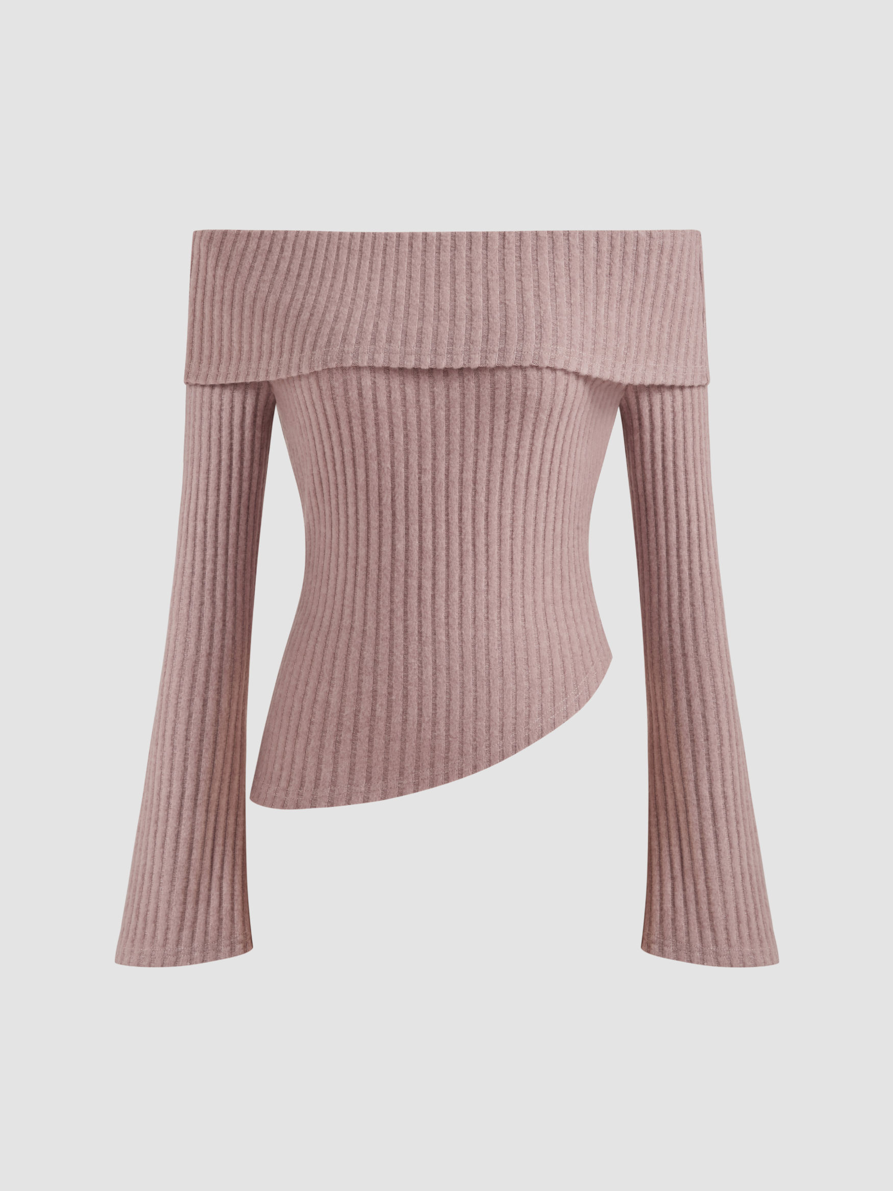 Knit Off-shoulder Solid Long Sleeve Top