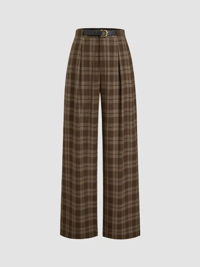 Flannel Flannel Mid Rise Plaid Knotted Wide Leg Trousers For School