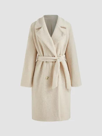 Fleece Collar Solid Pocket Oversized Coat With Belt