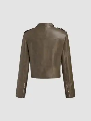 Faux Leather Collar Solid Pocket Zipper Biker Jacket