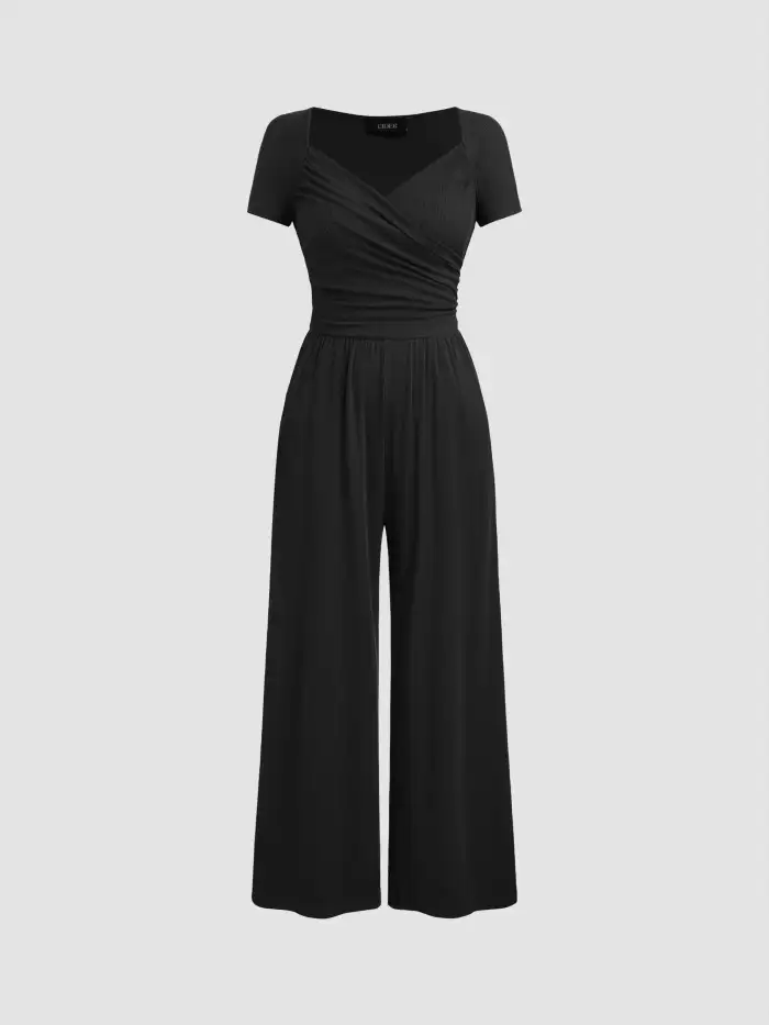 Boat Neck Solid Ruched Zipper Long Sleeve Wide Leg Jumpsuit