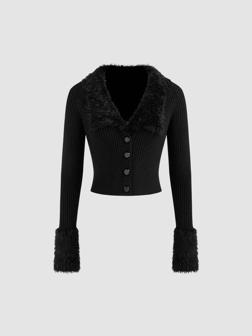 Cardigan in maglia con scollo a V e colletto in pelliccia sintetica solida con bottoni