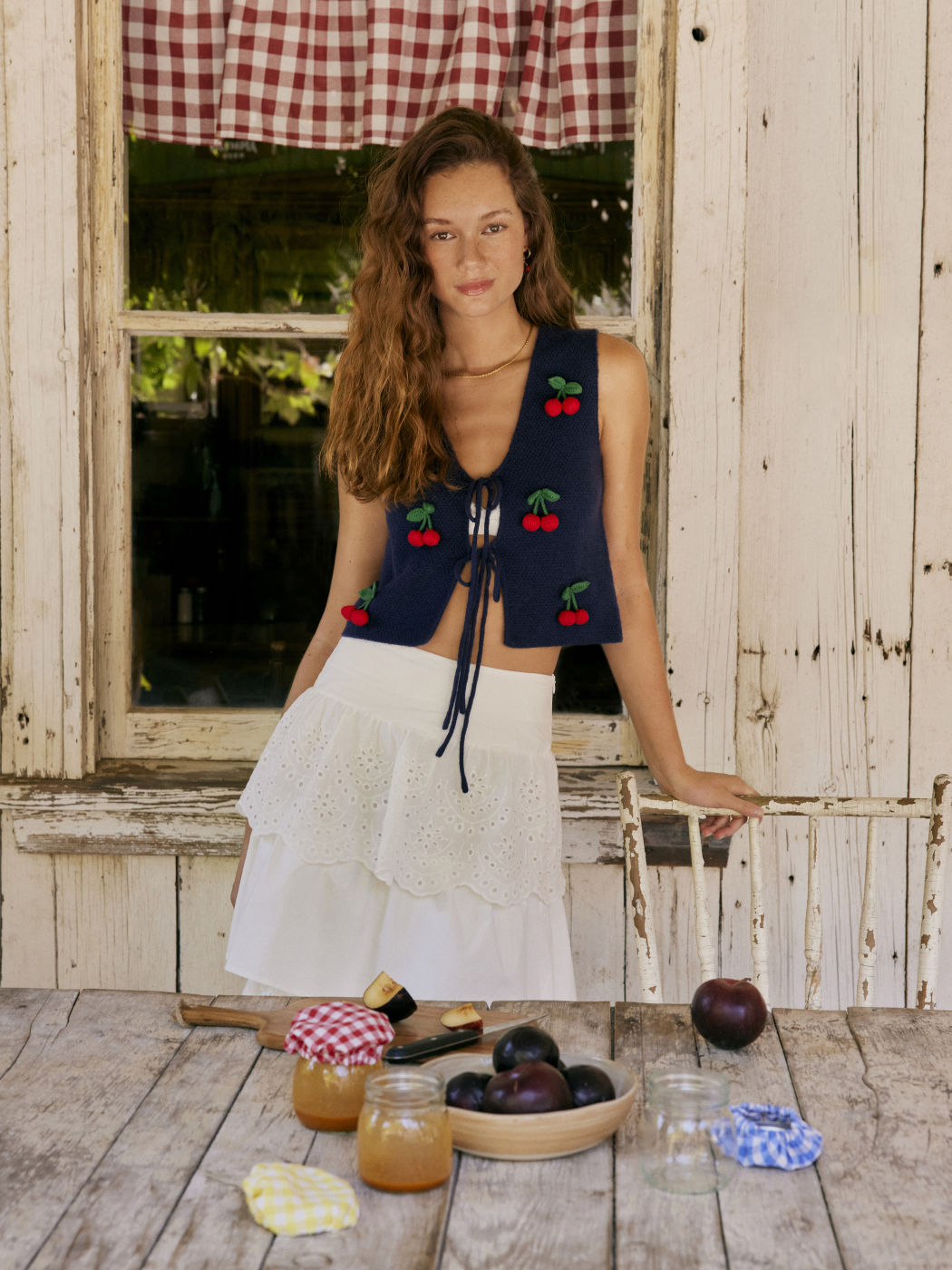 Knitted V-neck Solid 3D Cherry Knotted Crop Vest