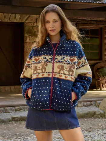 Fleece Collar Graphic Jacket
