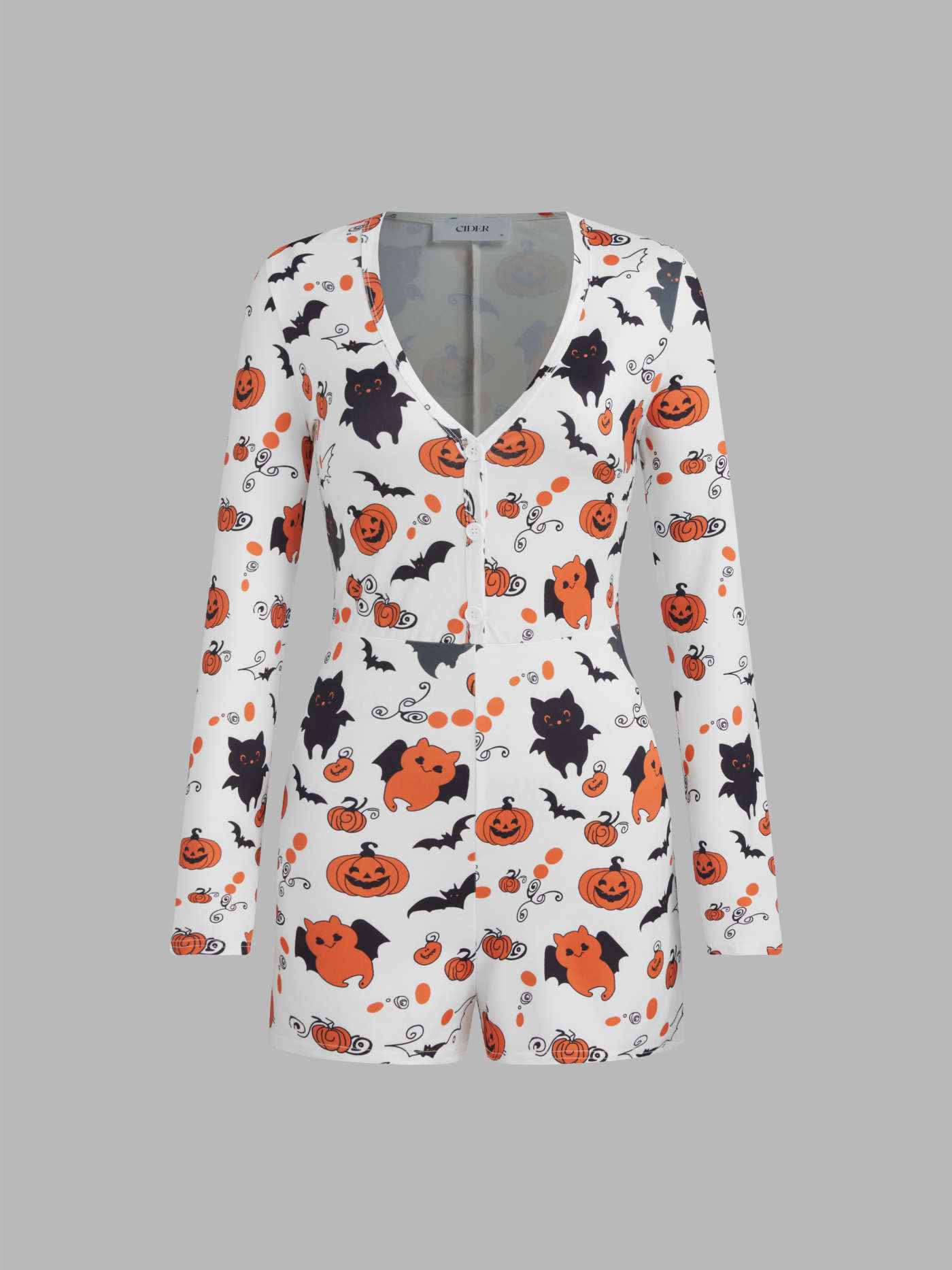 V-neck Halloween Pumpkin Bat Graphic Lounge Romper