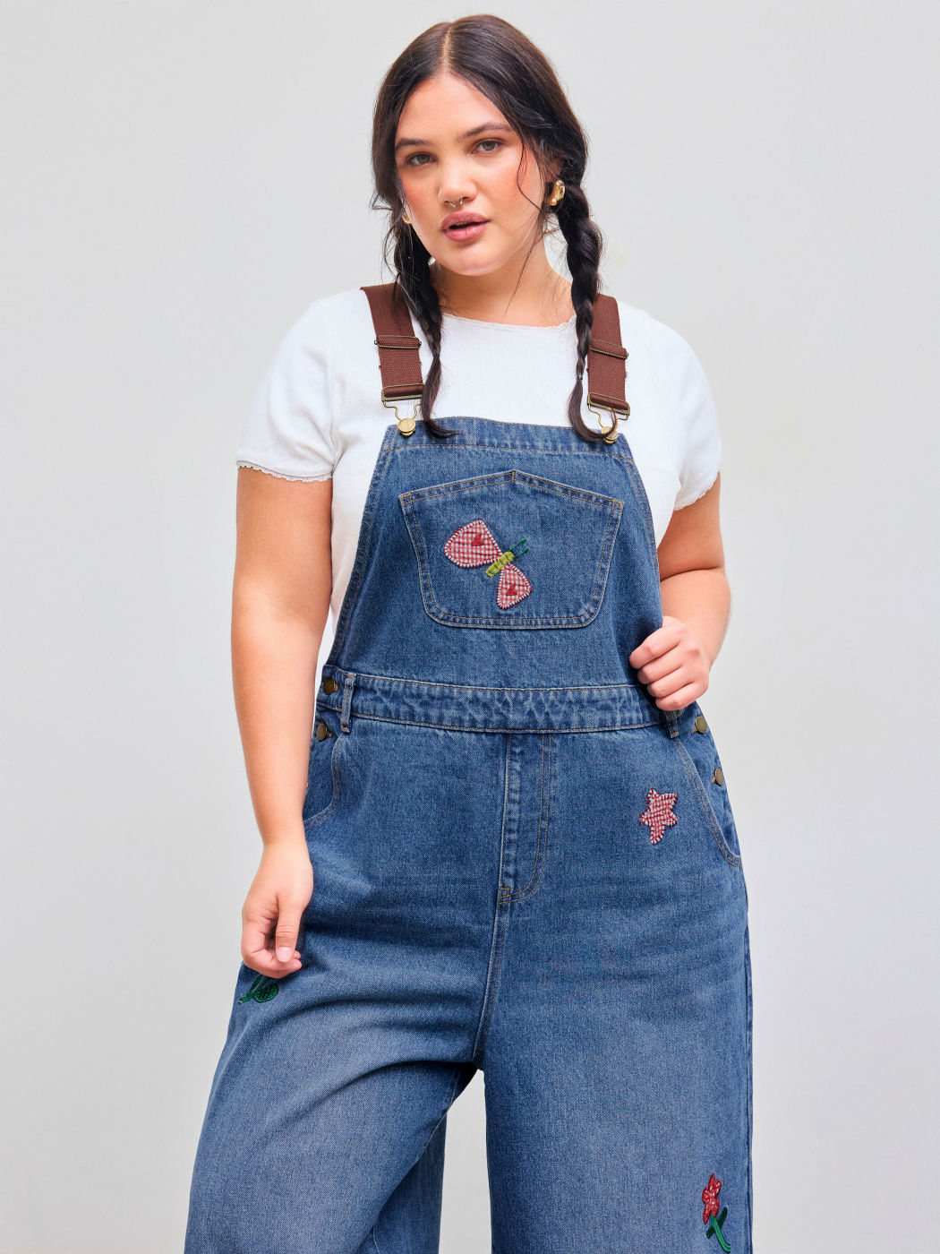 Denim Solid Flower Check Applique Buckle Pocket Straight Leg Jumpsuit Curve & Plus