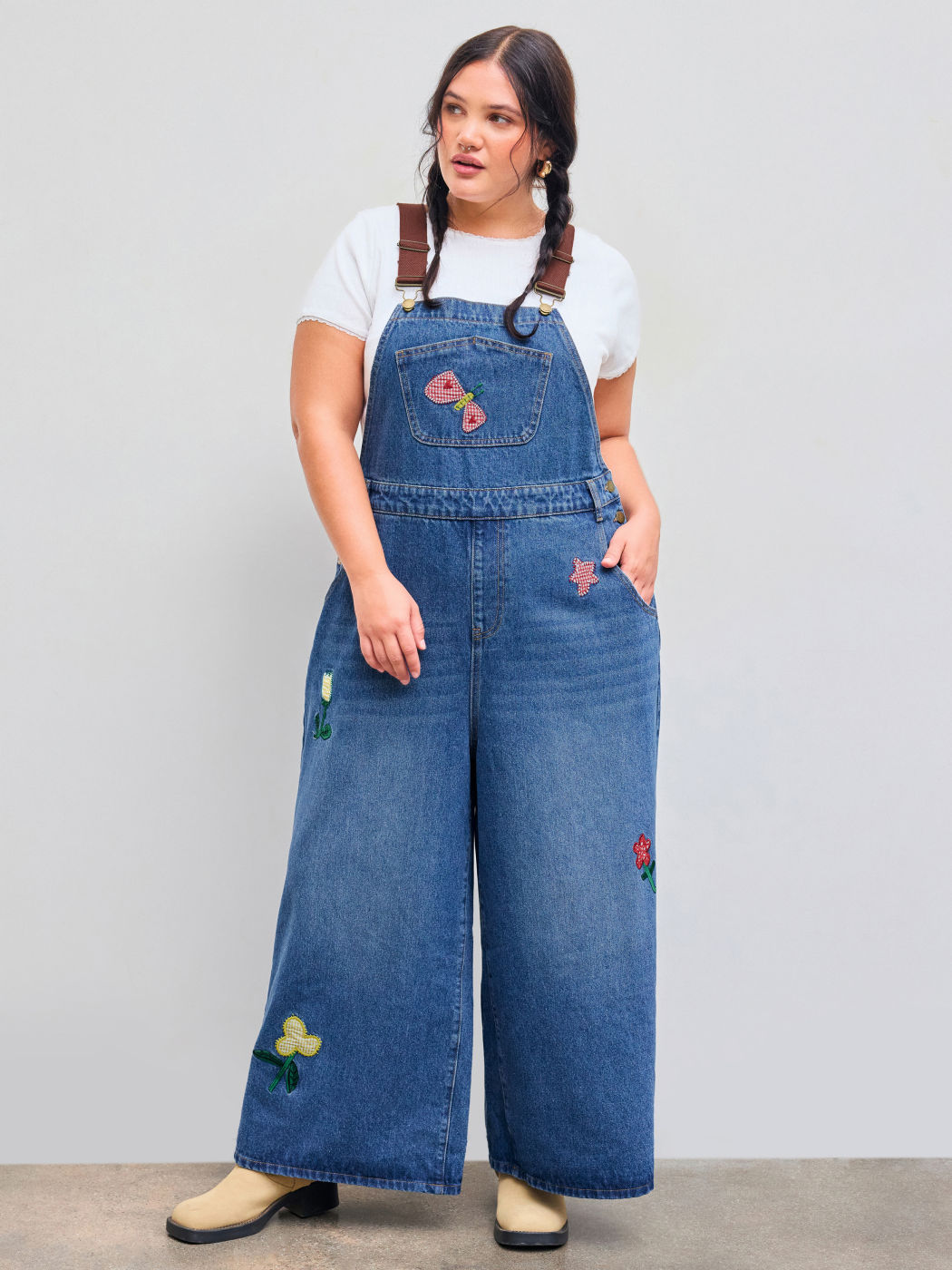Denim Solid Flower Check Applique Buckle Pocket Straight Leg Jumpsuit Curve & Plus