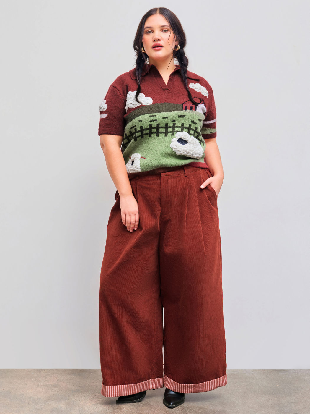 Corduroy Mid Rise Striped Roll Hem Pocket Wide Leg Trousers Curve & Plus