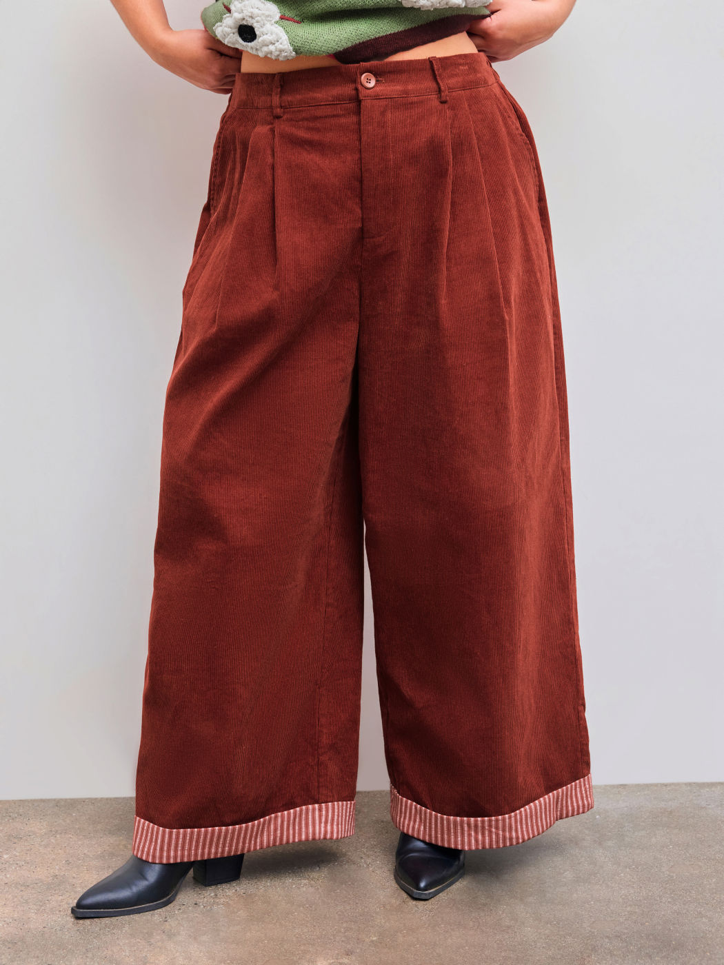 Corduroy Mid Rise Striped Roll Hem Pocket Wide Leg Trousers Curve & Plus