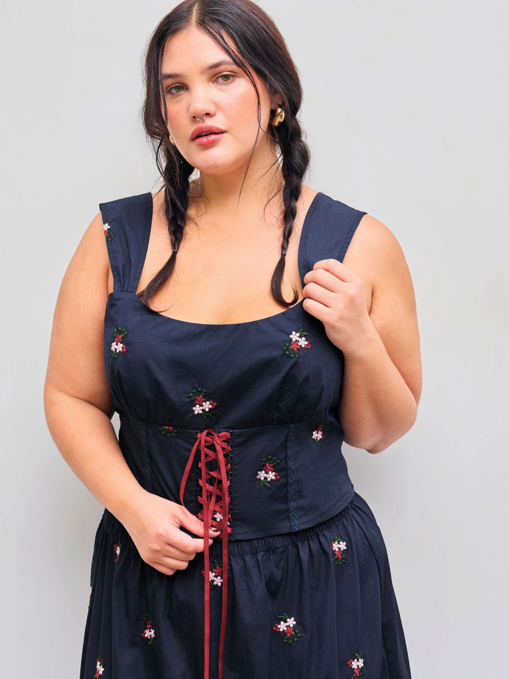 100% Cotton Square Neck Floral Lace Up Crop Cami Top Curve & Plus
