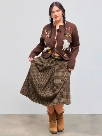 Mid Rise Check Pleated Maxi Skirt With Belt Curve & Plus