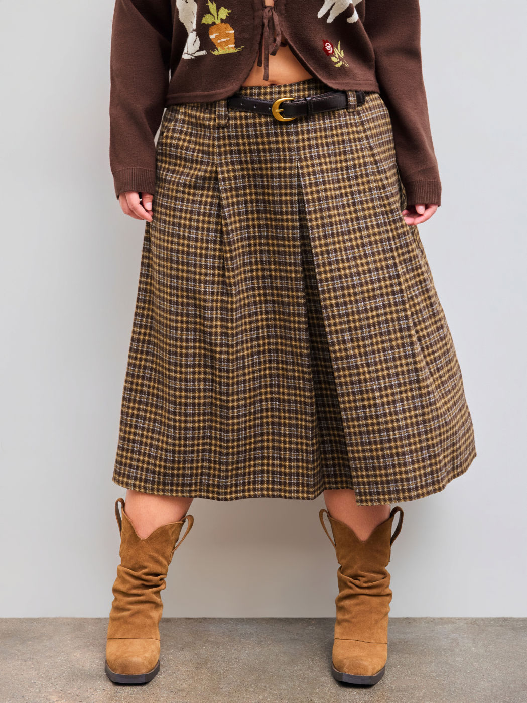 Mid Rise Check Pleated Maxi Skirt With Belt Curve & Plus