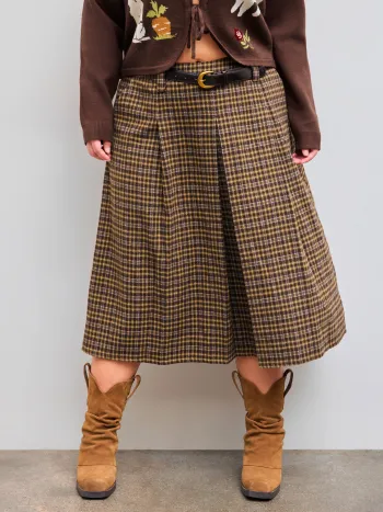 Mid Rise Check Pleated Maxi Skirt With Belt Curve & Plus