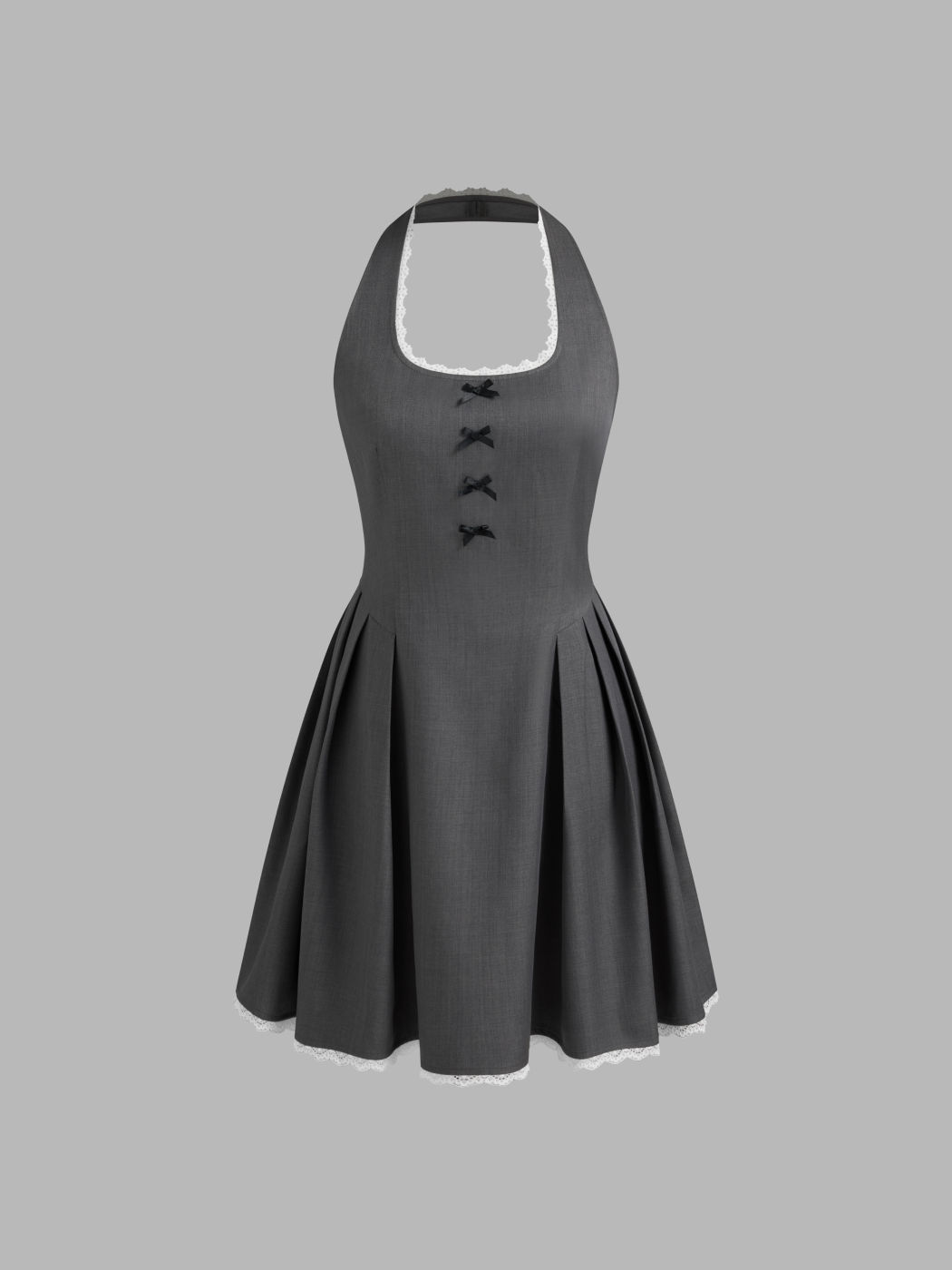 Halter Neckline Solid Bowknot Lace Trim Ruffle Mini Dress