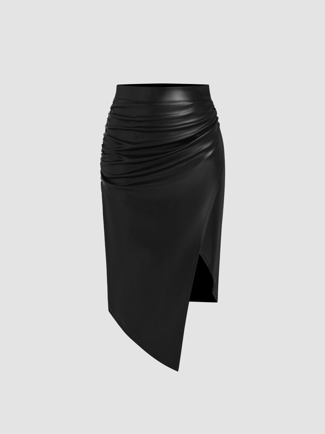 Faux-Leder-Midi-Skirt mit Mittlerem Bund, Einfarbig und Rüschen und Spalt