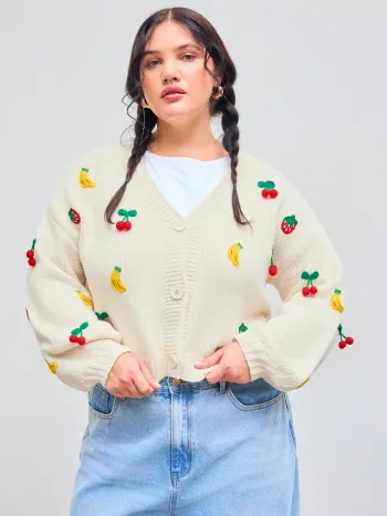 Strickjacke mit V-Ausschnitt und Fruchtstickerei Kurve & Plus