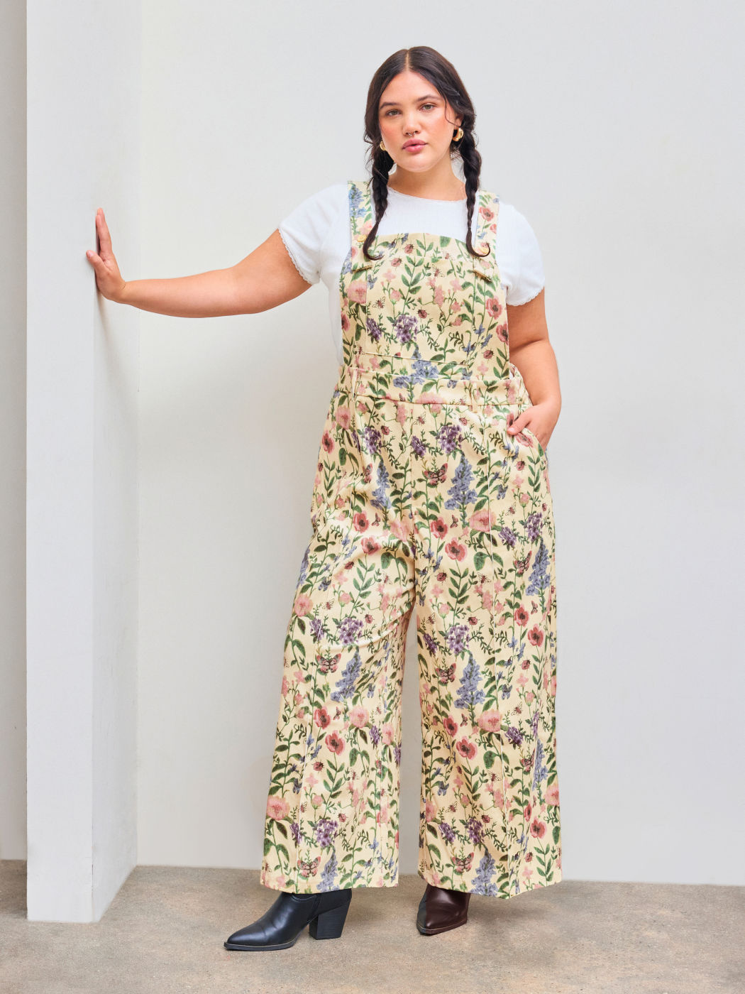 Updated Fabric Corduroy Square Neck Floral Pocket Wide Leg Jumpsuit Curve & Plus
