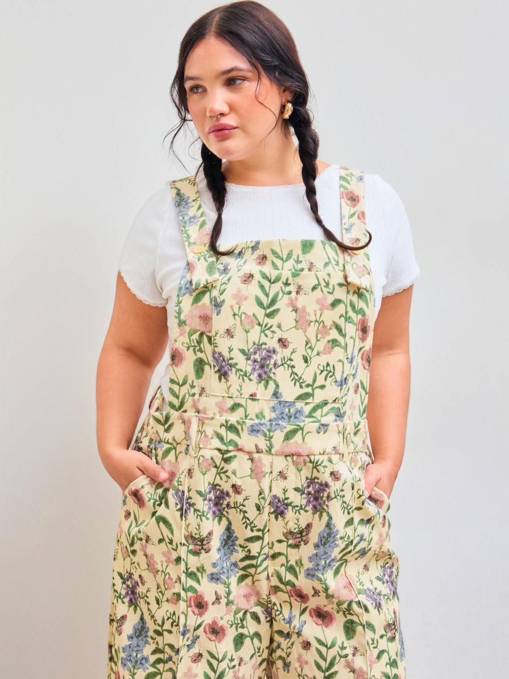 Updated Fabric Corduroy Square Neck Floral Pocket Wide Leg Jumpsuit Curve & Plus