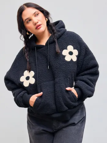 Fleece Floral Pocket Oversized Drawstring Hoodie Curve & Plus