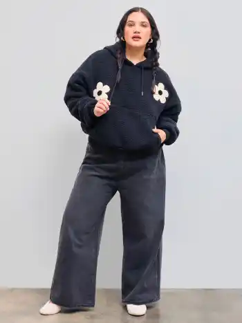 Fleece Floral Pocket Oversized Drawstring Hoodie Curve & Plus
