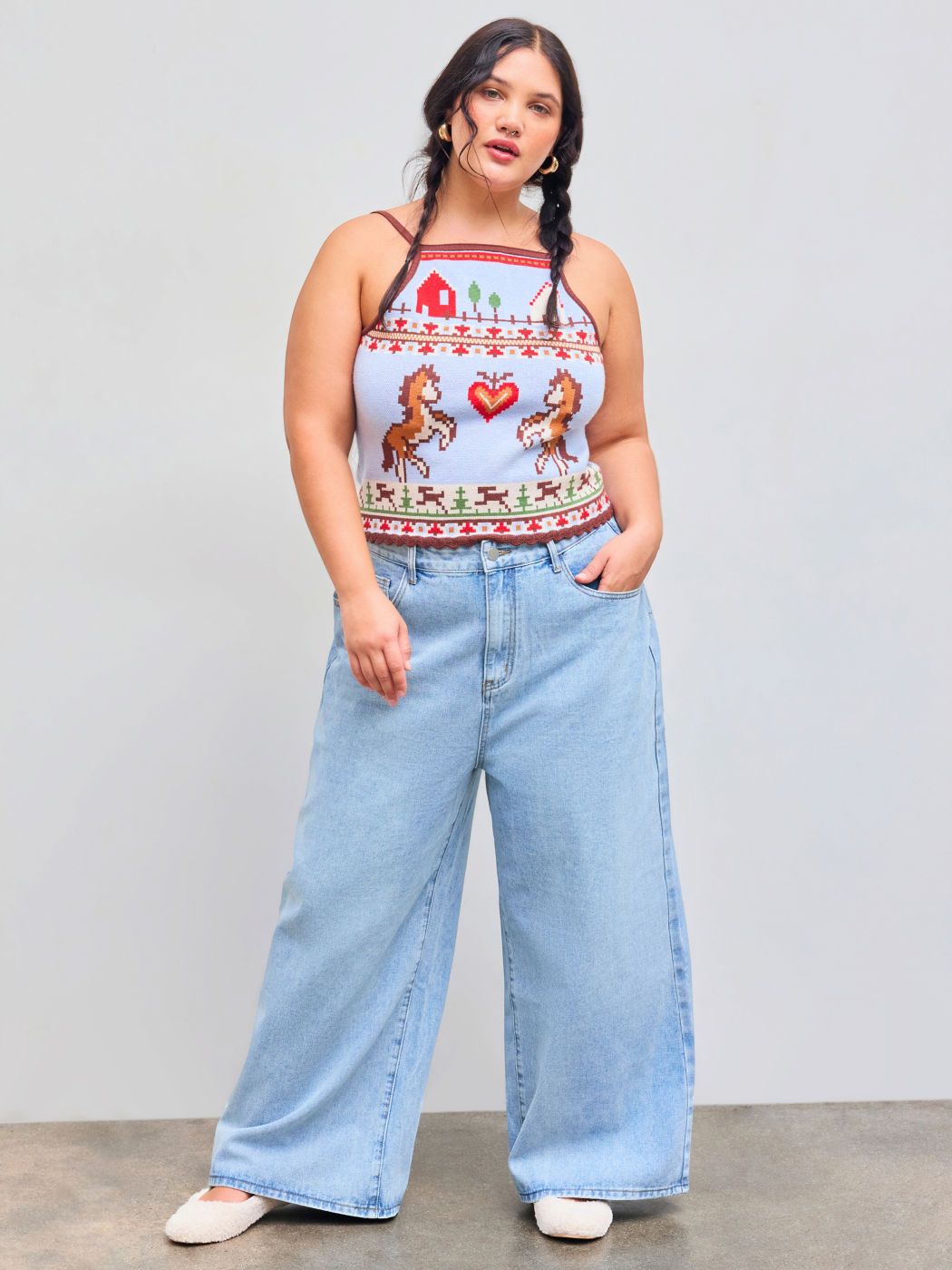 Knit Square Neck Horse Heart Graphic Wave Trim Crop Cami Top Curve & Plus