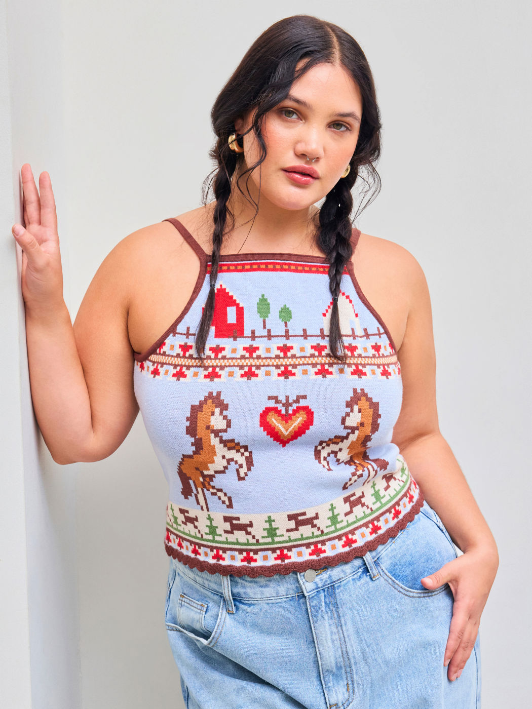 Knit Square Neck Horse Heart Graphic Wave Trim Crop Cami Top Curve & Plus