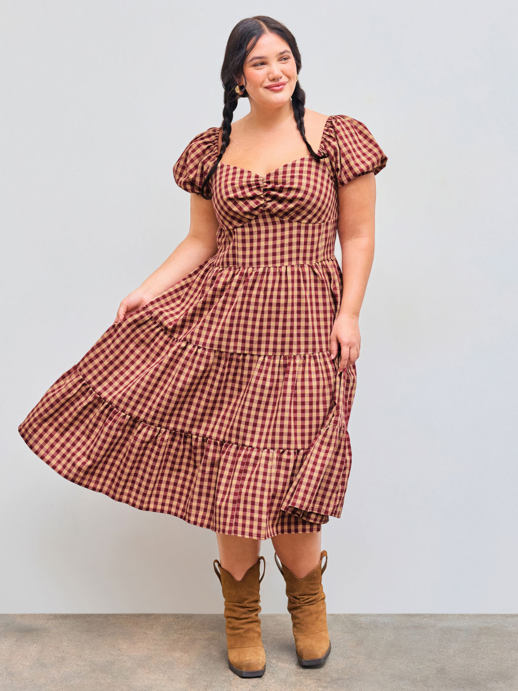 Cotton-blend Square Neck Gingham Shirred Tiered Midi Dress Curve & Plus