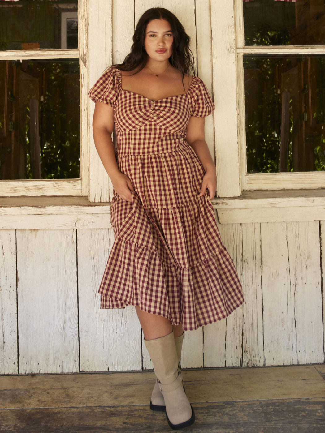 Cotton-blend Square Neck Gingham Shirred Tiered Midi Dress Curve & Plus