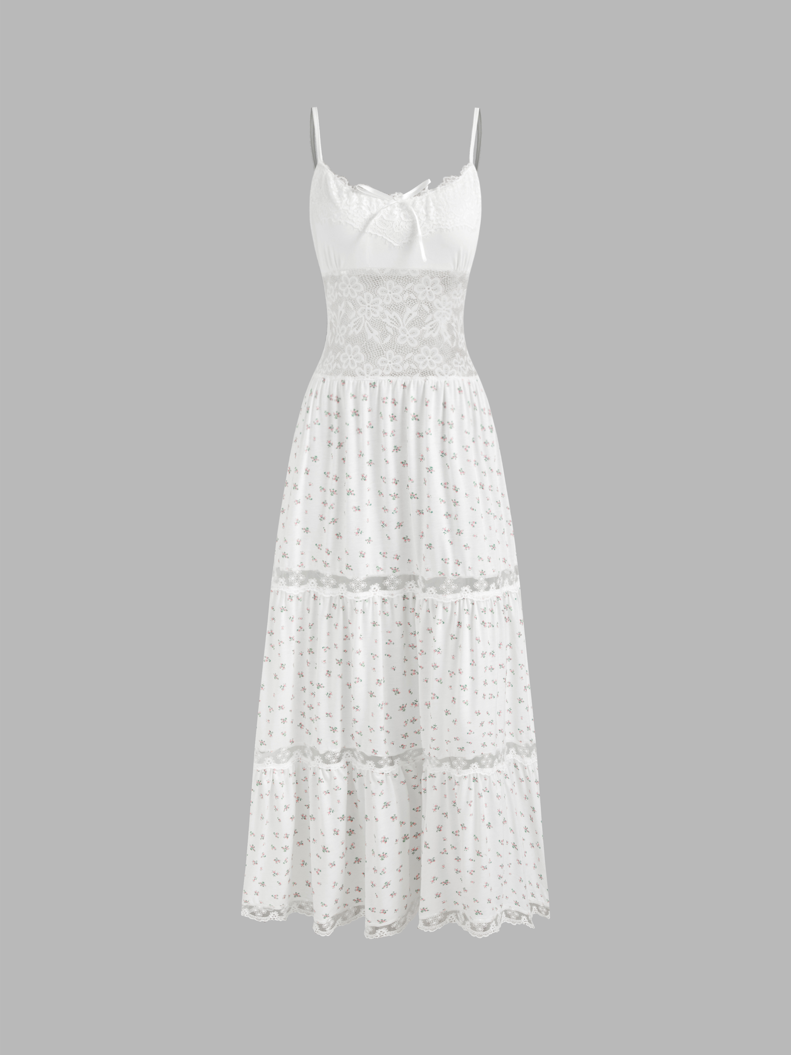Knit Fabric Scoop Neckline Floral Lace Bowknot Maxi Nightdress For Home Bedroom