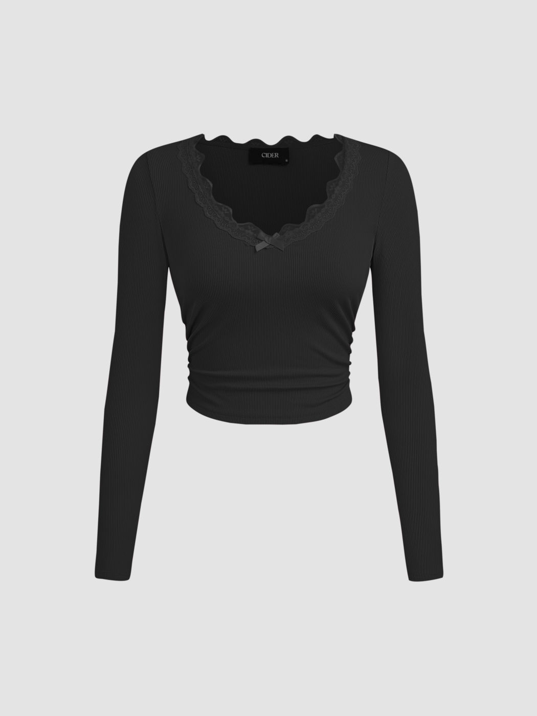 V-Ausschnitt Solid Schleifen Spitzen Rüschen Langärmliger Crop Top
