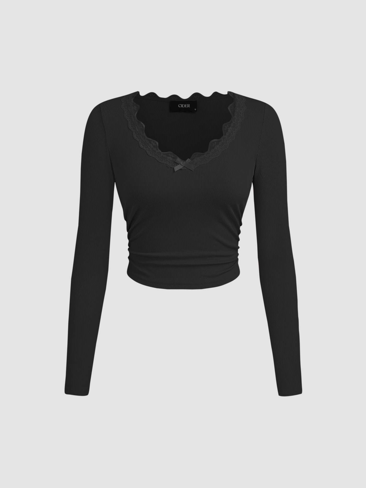 V-neck Solid Bowknot Lace Ruched Long Sleeve Crop Top