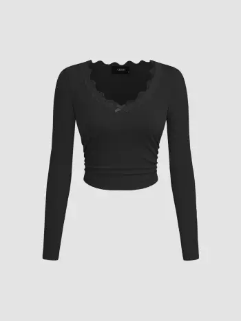 V-Hals, einfarbig, mit Schleife und Spitze, gerucherte Langärmlige Crop Top