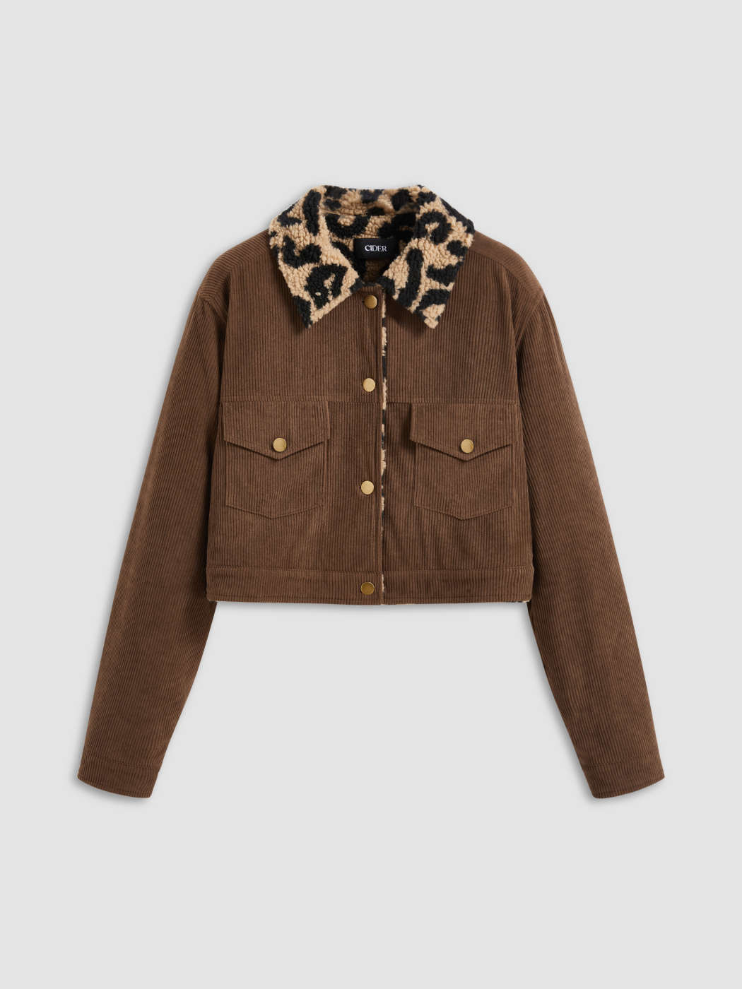 Velours côtelé Corduroy Collar Pocket Jacket With Leopard Fleece