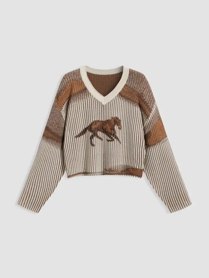 Knitted V-neck Horse Stripe Long Sleeve Top