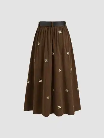 Kord Mid-Rise Blumenstickerei Rüschentasche Maxi-Skirt mit Gürtel