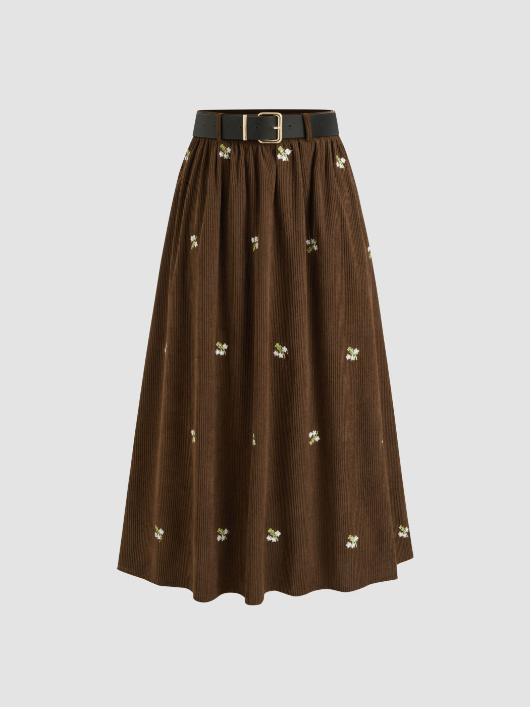 Kord Mid-Rise Blumenstickerei Rüschentasche Maxi-Skirt mit Gürtel