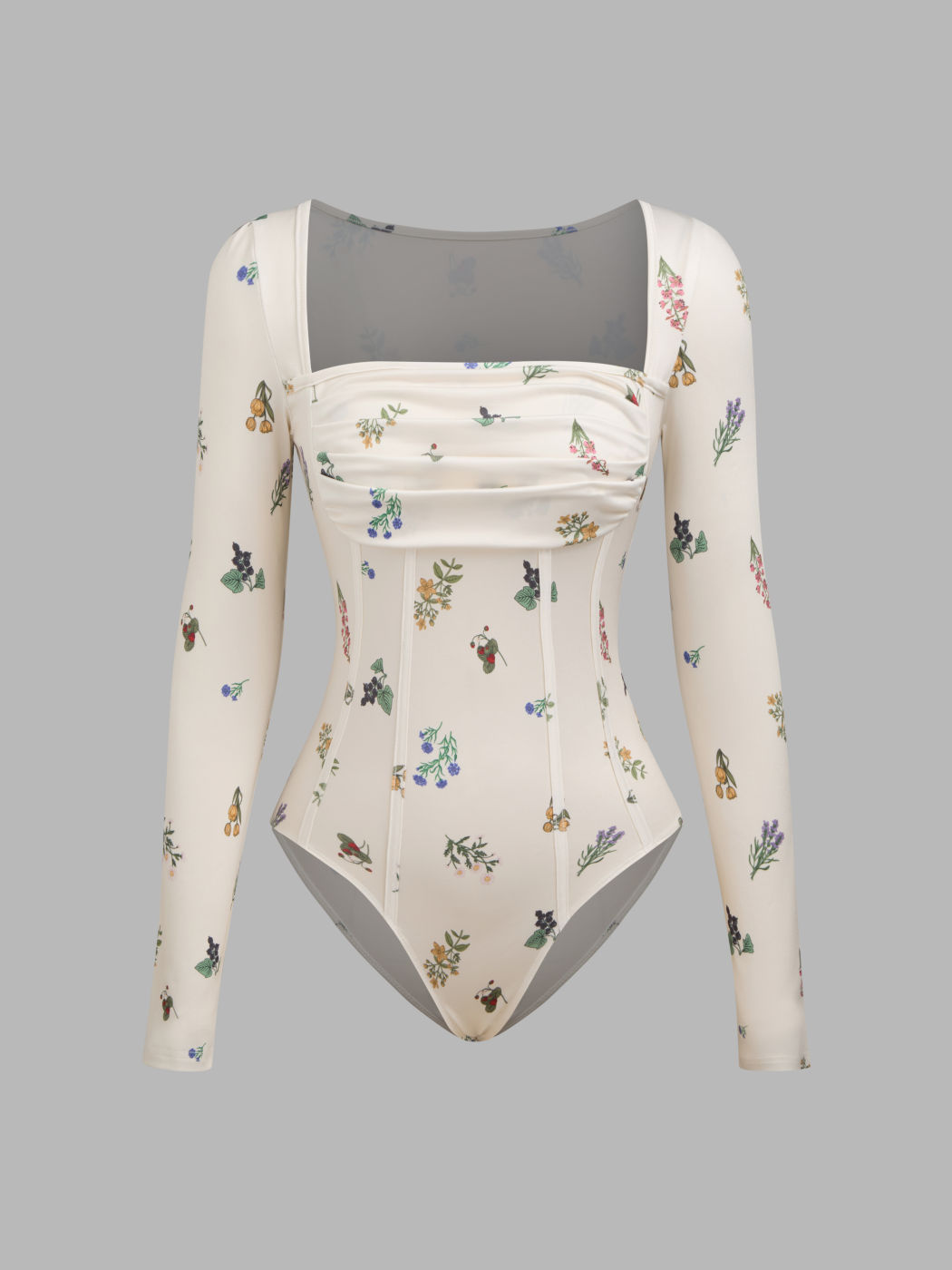 Square Neck Floral Ruched Corset Bodysuit