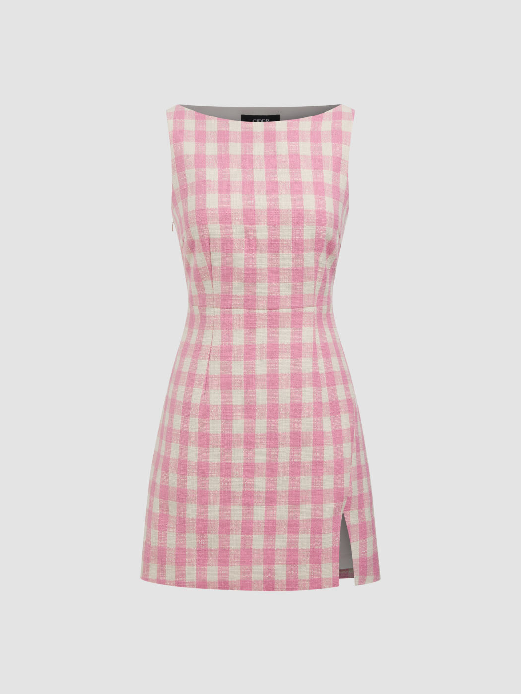 Boat Neck Check Split Mini Dress