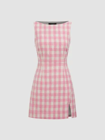 Mini-Kleid mit Bootshals und kariertem Split