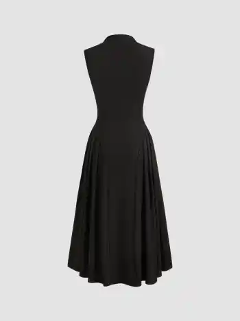 High Neck Solid Ruffle Midi Dress