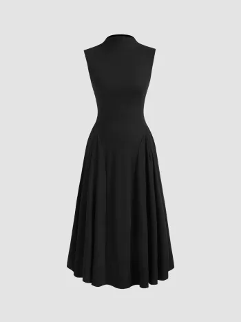 High Neck Solid Ruffle Midi Dress