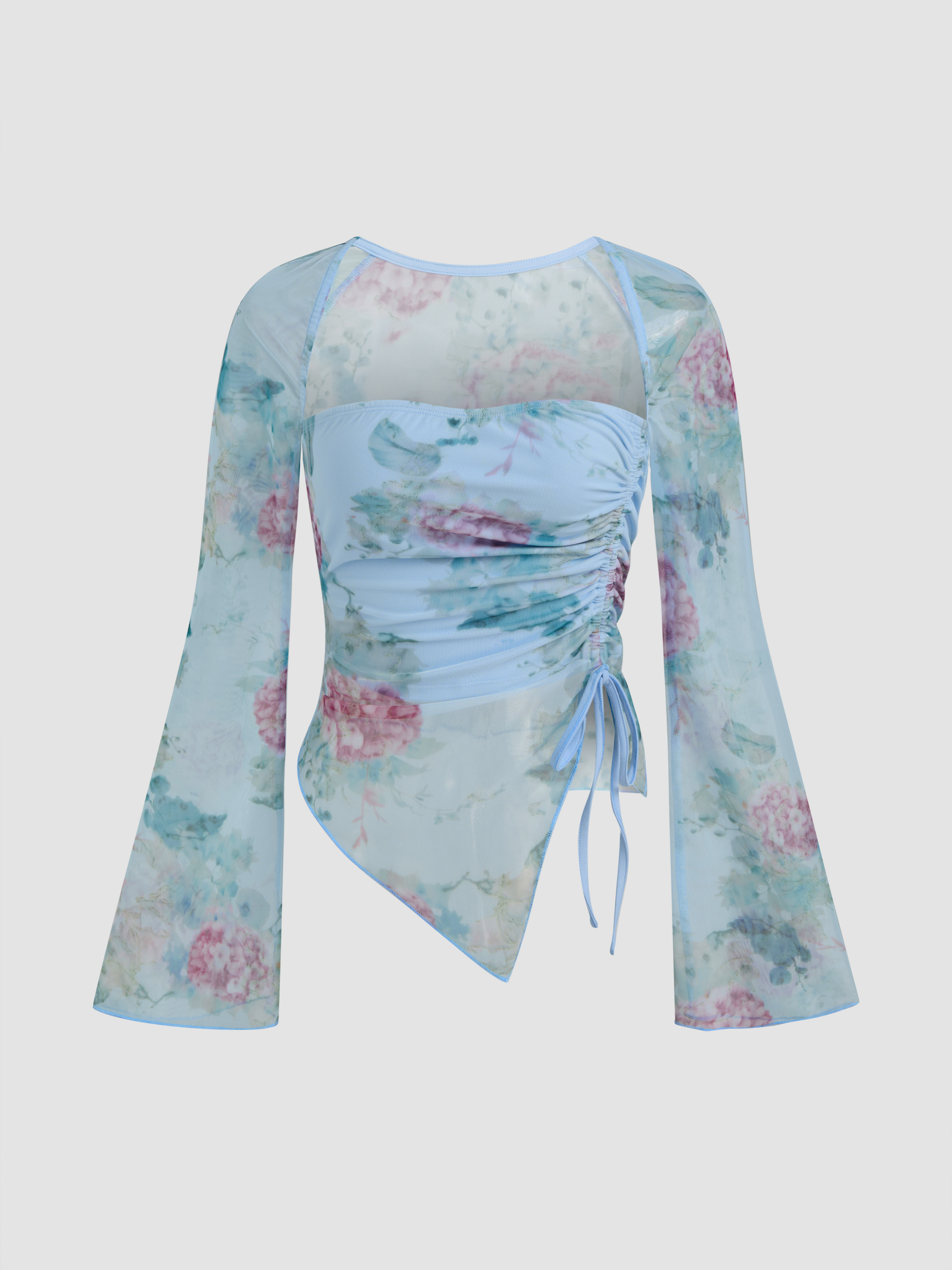 Mesh Mesh Square Neck Floral Ruched Drawstring Long Sleeve