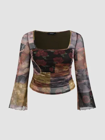 Mesh Square Neck Floral Patchy Lettuce Trim Ruched Long Sleeve Top Curve & Plus